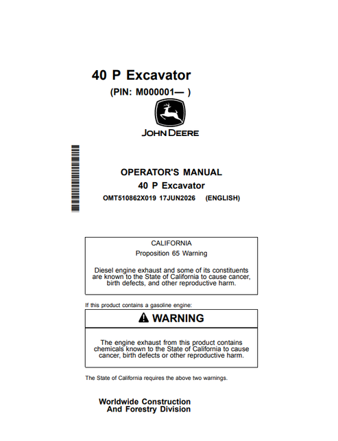 John Deere 40 P Excavator Operator Manual OMT510862X019 PDF