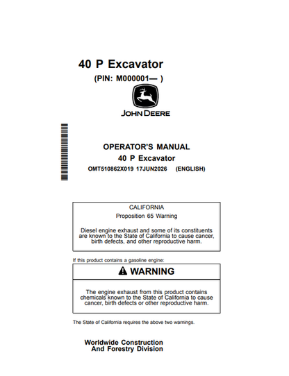 John Deere 40 P Excavator Operator Manual OMT510862X019 PDF
