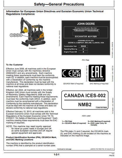John Deere 40 P Excavator User & Operator Guide OMT510861X019