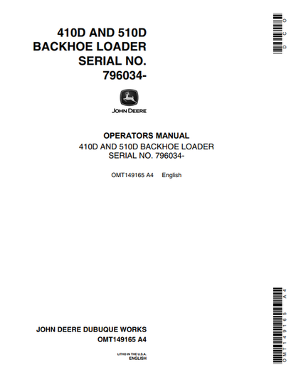 John Deere 410D And 510D Backhoe Loader Operator Manual OMT149165
