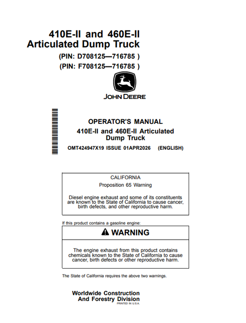 John Deere 410E-II & 460E-II Articulated Dump Truck Manual