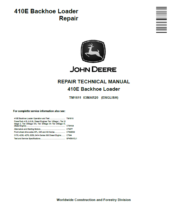 John Deere 410E Backhoe Loader Repair Technical Manual TM1611 PDF