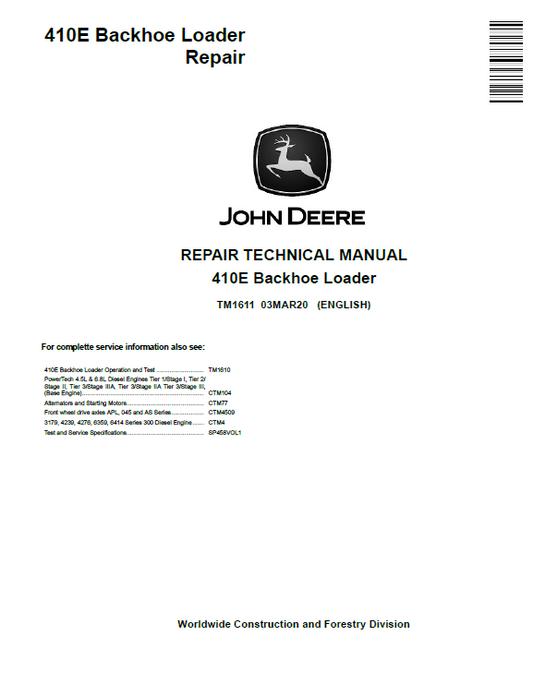 John Deere 410E Backhoe Loader Repair Technical Manual TM1611 PDF