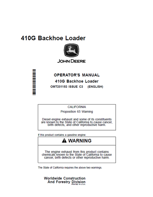 John Deere 410G Backhoe Loader Operator Manual OMT201153 PDF