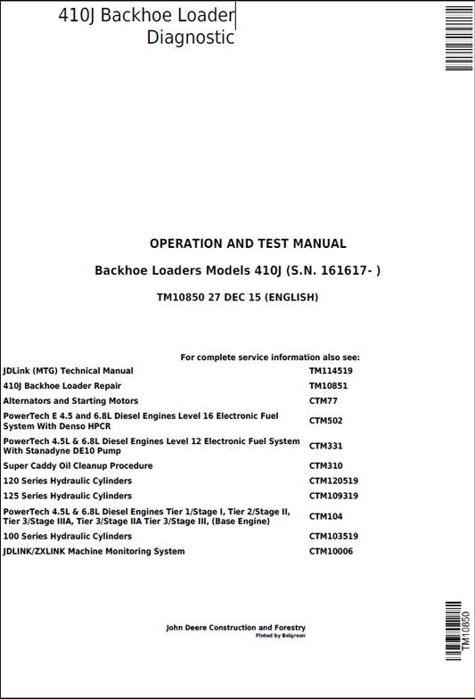 John Deere 410J Backhoe Loader Operation and Test Manual TM10850 PDF