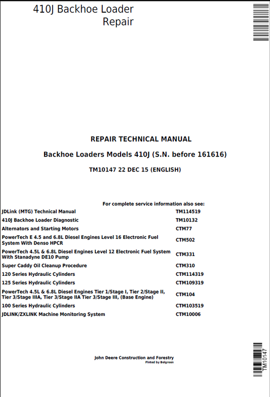John Deere 410J Backhoe Loader Repair Technical Manual TM10147 PDF