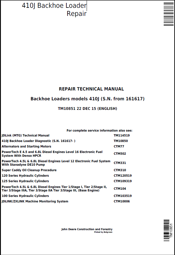 John Deere 410J Backhoe Loader Repair Technical Manual TM10851 PDF