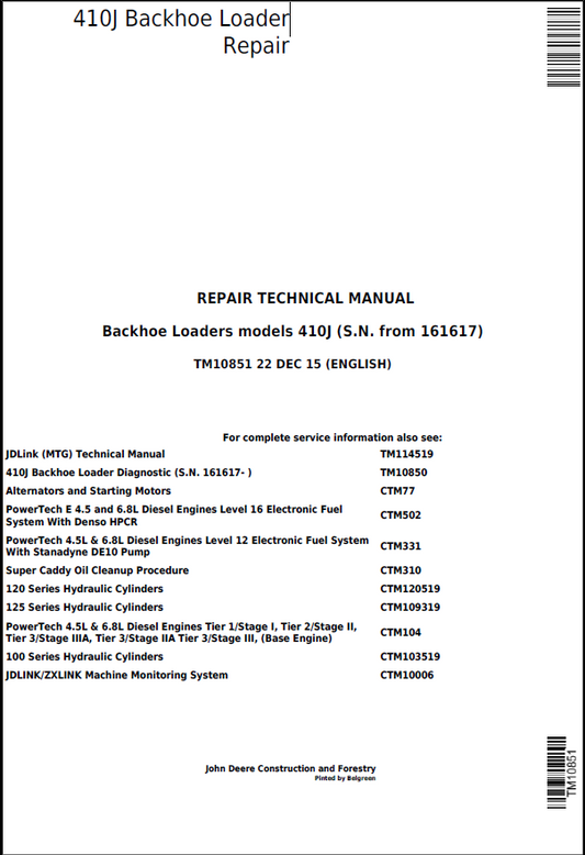 John Deere 410J Backhoe Loader Repair Technical Manual TM10851 PDF