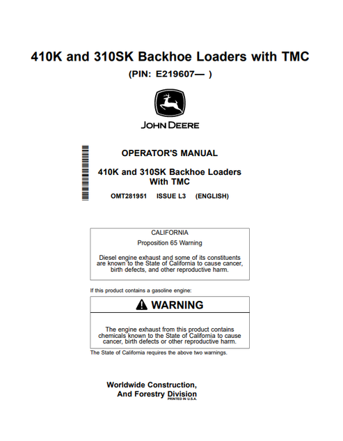 John Deere 410K & 310SK Backhoe Loader Operator Manual OMT281951