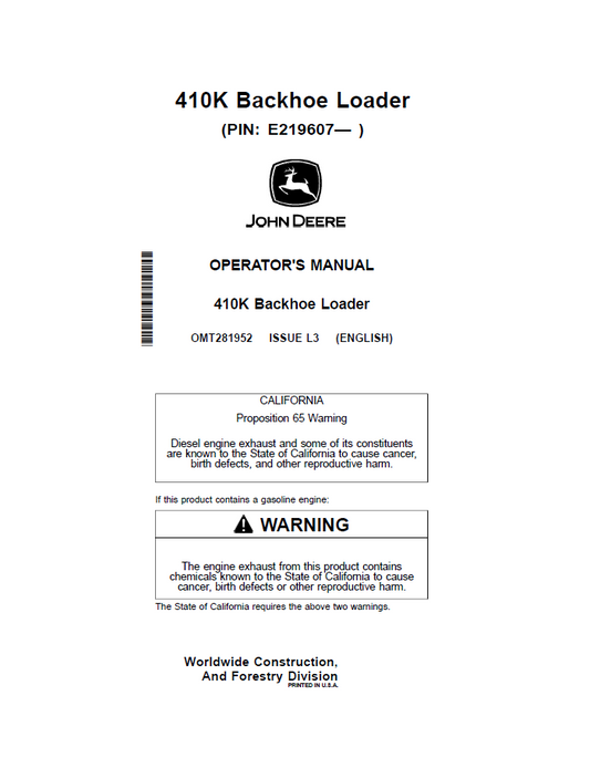 John Deere 410K Backhoe Loader Operator Manual OMT281952 PDF

