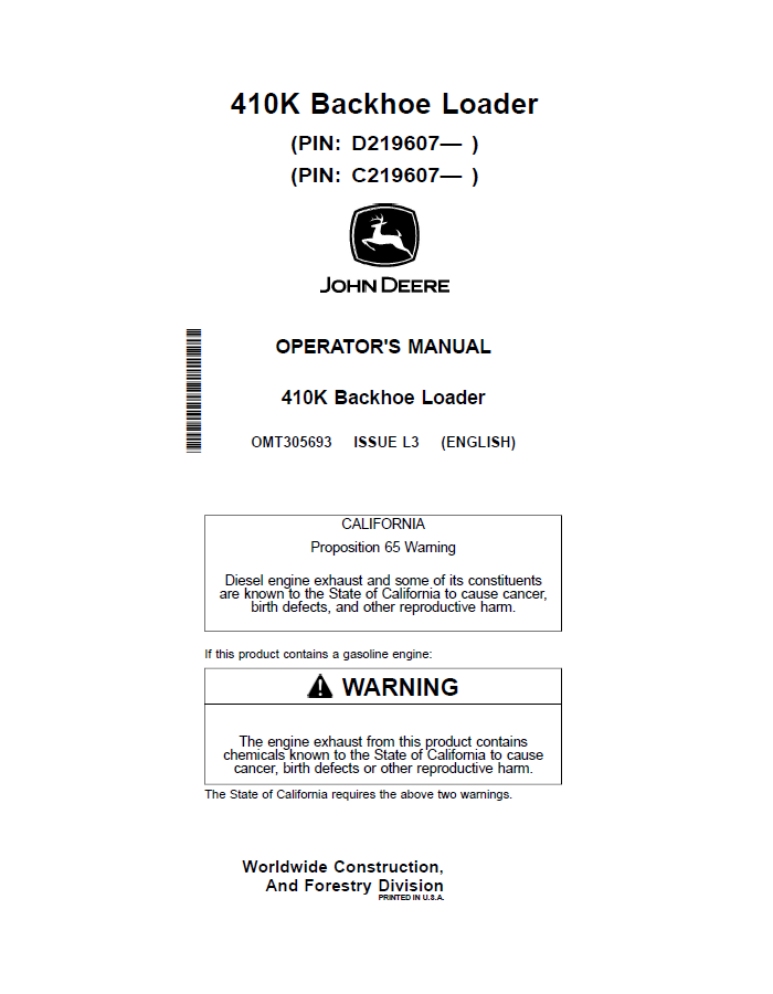 John Deere 410K Backhoe Loader Operator Manual OMT305693 PDF