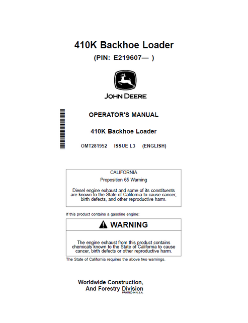 John Deere 410K Backhoe Loader Operator Manual OMT281952 PDF