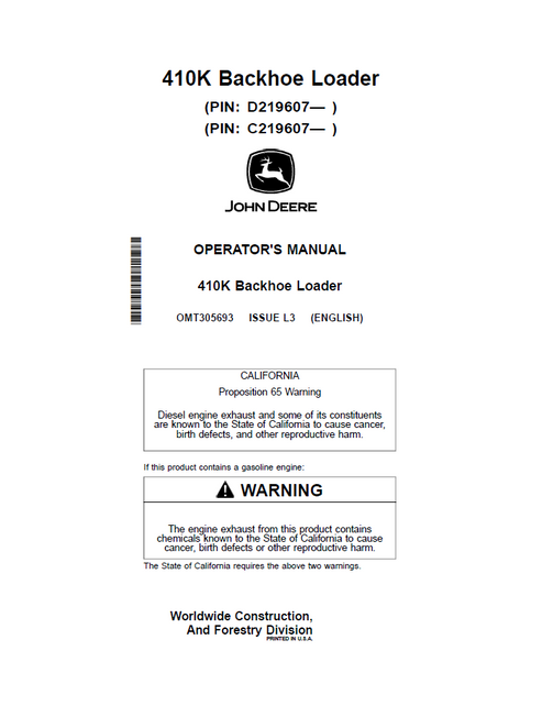 John Deere 410K Backhoe Loader Operator Manual OMT305693 PDF