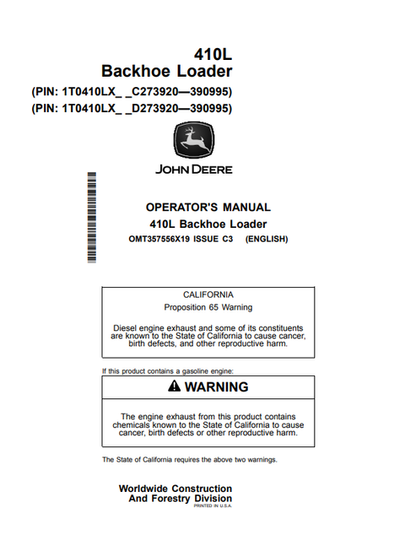 John Deere 410L Backhoe Loader Operator Manual OMT357556X19