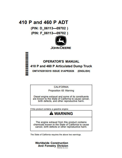 John Deere 410P & 460P Articulated Dump Truck Operator Manual