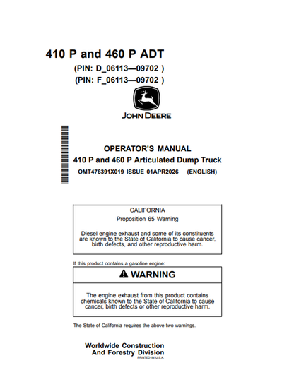 John Deere 410P & 460P Articulated Dump Truck Operator Manual
