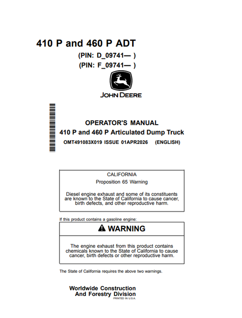 John Deere 410P & 460P Articulated Dump Truck Operator Manual
