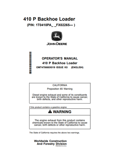 John Deere 410 P Backhoe Loader Operator Manual OMT475668X019