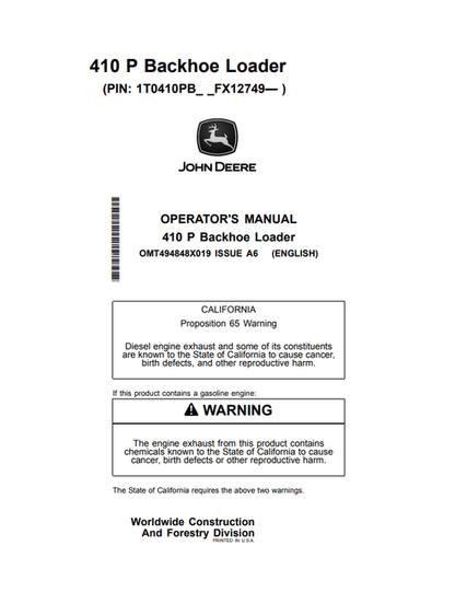 John Deere 410 P Backhoe Loader Operator Manual OMT494848X019