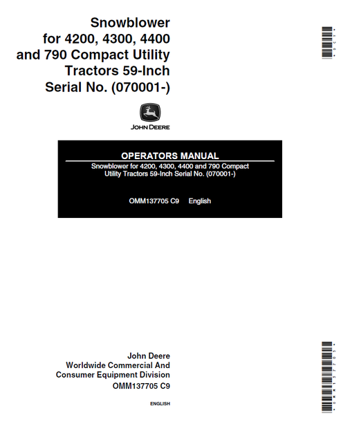 John Deere 4200, 4300, 4400 And 790 SNOWBLOWER Compact Utility Tractor 59-inch Operator Manual OMM137705