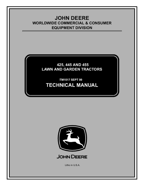 John Deere 425 445 455 Lawn Garden Tractor Technical Manual TM1517