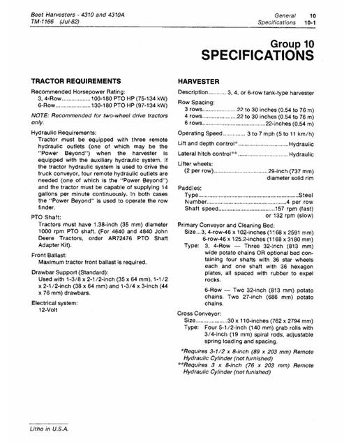 John Deere 4310A Beet Harvester Technical Service Manual TM1166 PDF