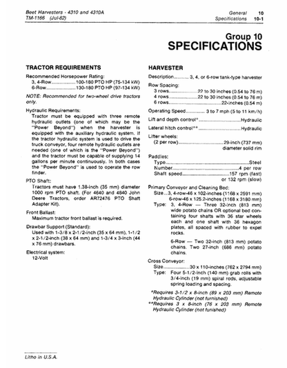 John Deere 4310A Beet Harvester Technical Service Manual TM1166 PDF