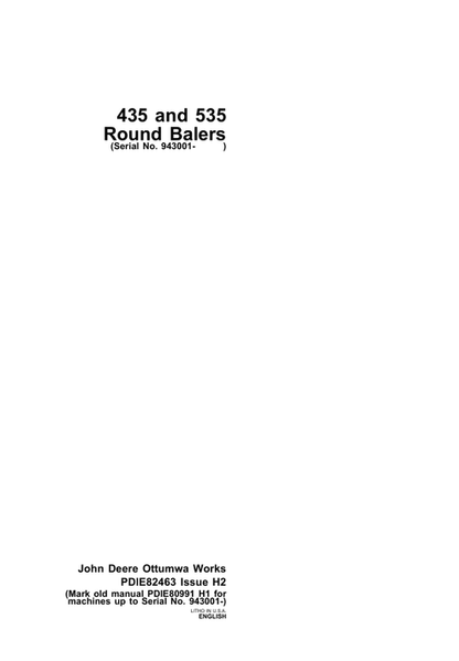John Deere 435, 535 Round Baler Pre Delivery Instruction Manual