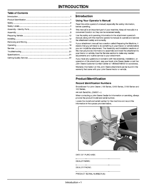 John Deere 44-Inch Snowblower Attachment Operator Manual PDF