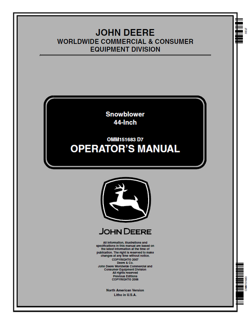John Deere 44-Inch Snowblower Operator Manual OMM151683 PDF