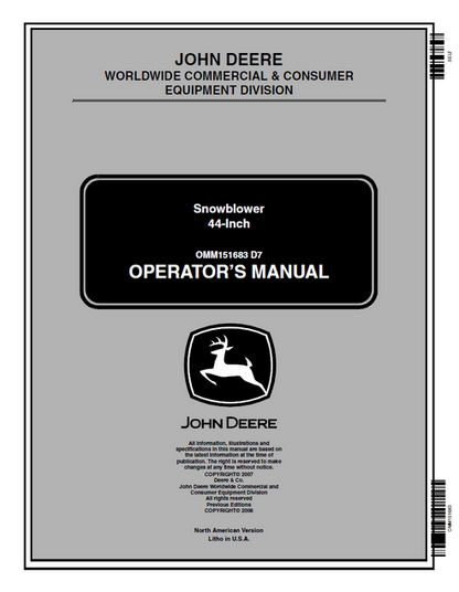 John Deere 44-Inch Snowblower Operator Manual OMM151683 PDF