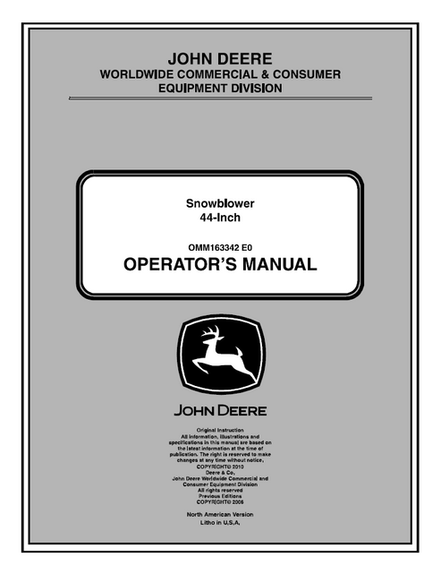 John Deere 44-Inch Snowblower Operator Manual OMM163342
