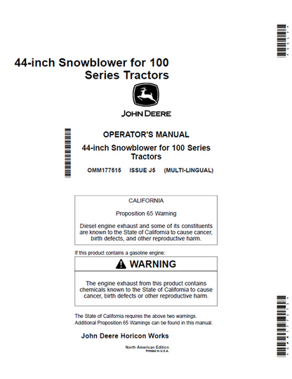 John Deere 44-Inch Snowblower for 100 Series Tractor Operator Manual OMM177515