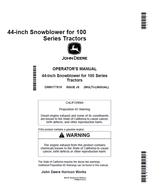 John Deere 44-Inch Snowblower for 100 Series Tractor Operator Manual OMM177515