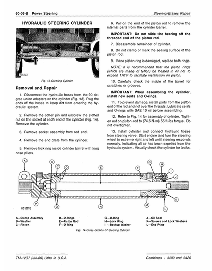 John Deere 4400 4420 Combine Repair & Maintenance Manual TM1237