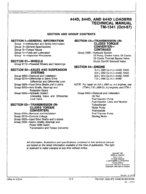 John Deere 444D 544D 644D Wheel Loader Workshop Manual TM1341