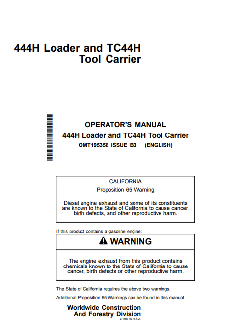 John Deere 444H Loader & TC44H Tool Carrier Operator Manual OMT195358