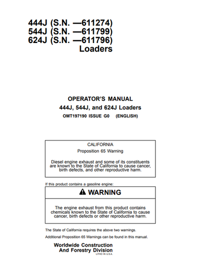 John Deere 444J, 544J & 624J Loader Operator Manual OMT197190