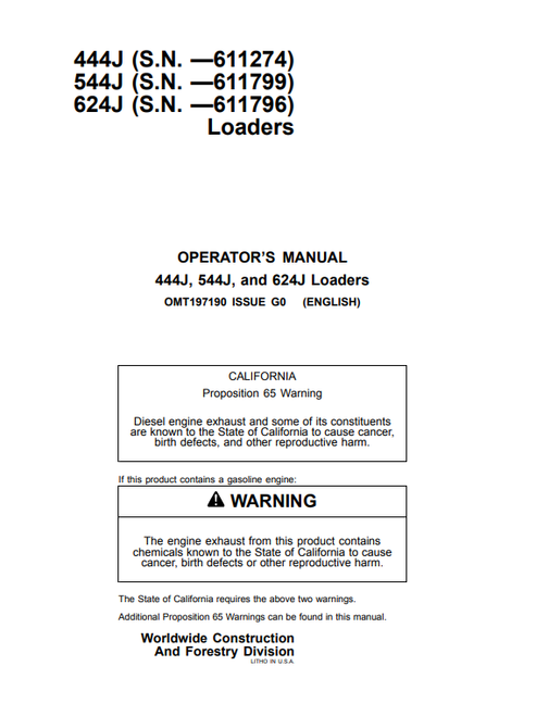 John Deere 444J, 544J & 624J Loader Operator Manual OMT197190