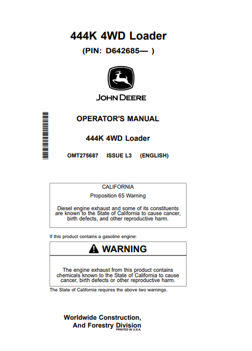 John Deere 444K 4WD Loader Operator Manual OMT275687 PDF