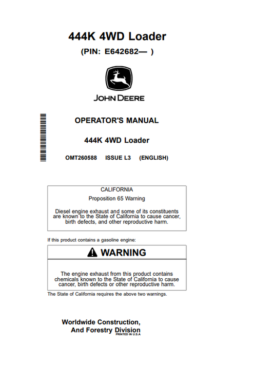 John Deere 444K 4WD Loader Operator Manual PDF OMT260588