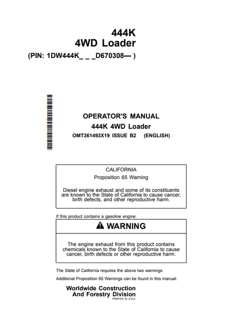 John Deere 444K 4WD Loader Operator Manual PDF OMT361493X19