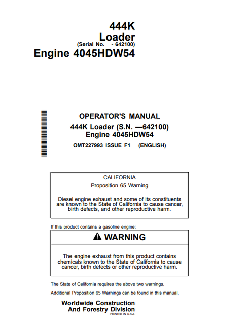 John Deere 444K Loader Operator Manual OMT227993