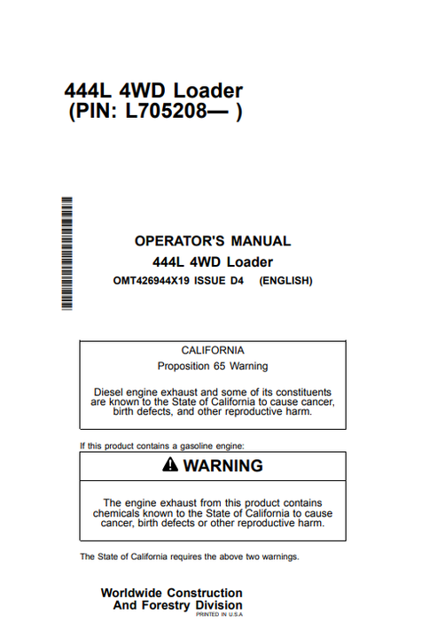 John Deere 444L 4WD Loader Operator Manual PDF