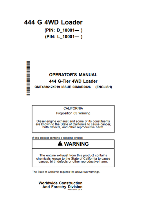 John Deere 444 G-Tier 4WD Loader Operator Manual PDF OMT488612X019