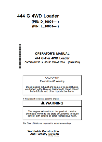 John Deere 444 G-Tier 4WD Loader Operator Manual PDF OMT488612X019