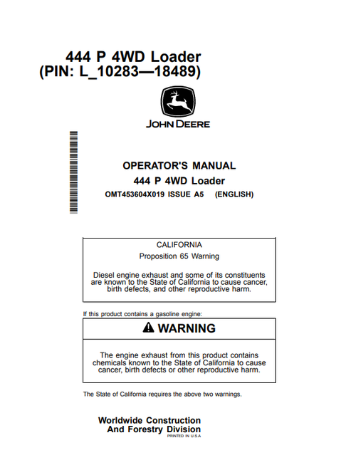 John Deere 444 P 4WD Loader Operator Manual PDF