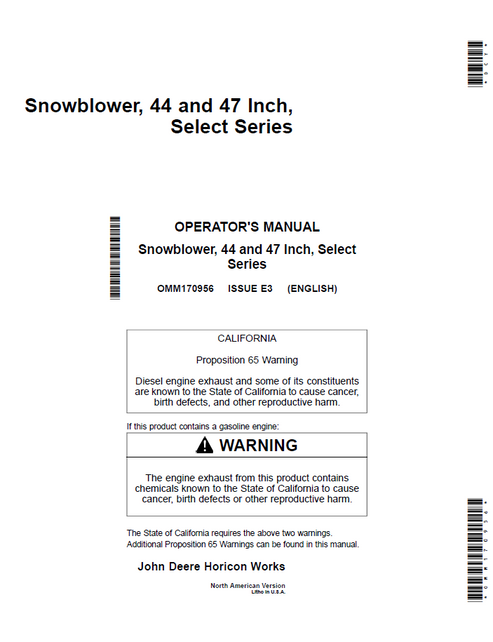 John Deere 44 & 47 Inch Select Series Snowblower Operator Manual OMM170956