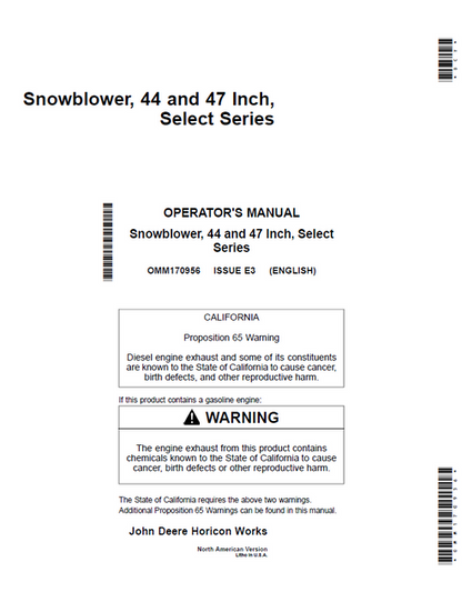 John Deere 44 & 47 Inch Select Series Snowblower Operator Manual OMM170956
