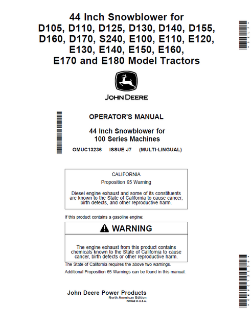 John Deere 44 Inch Snowblower Operator Manual OMUC13236 PDF